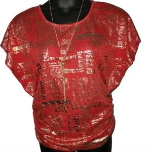 NYC Red n Gold Short Sleeve Top w/ FREE Necklace Plus Size 1XL